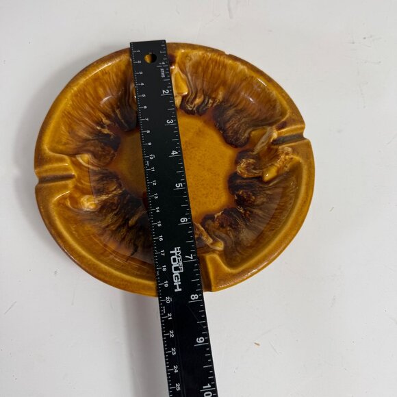 MCM Retro 60s Ashtray USA Pottery Drip Glazed VTG Mustard Yellow Brown Grooves - Picture 8 of 12